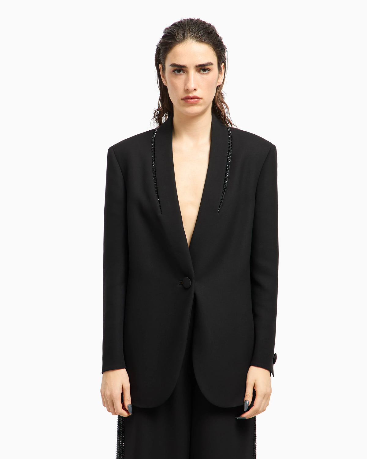 Single-breasted jacket in silk with rhinestones