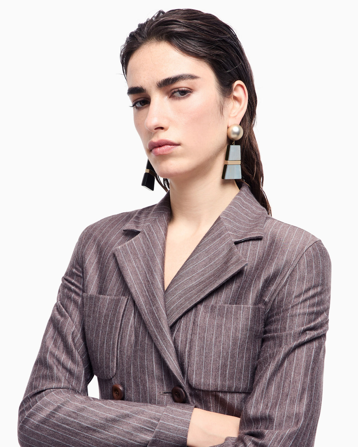 Pinstriped cashmere jersey and silk double-breasted jacket
