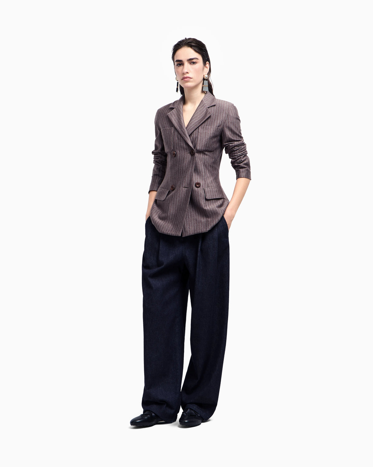 Pinstriped cashmere jersey and silk double-breasted jacket