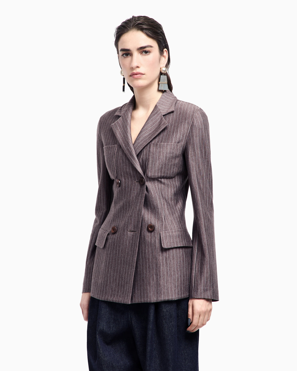 Pinstriped cashmere jersey and silk double-breasted jacket