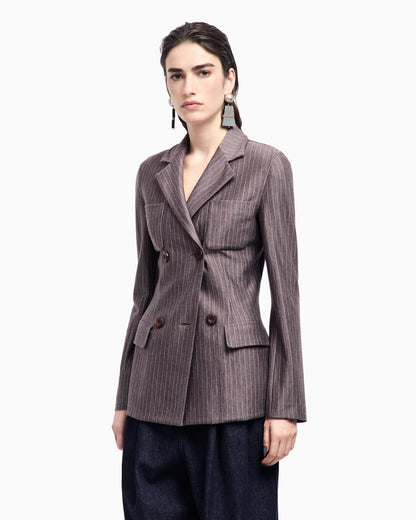 Pinstriped cashmere jersey and silk double-breasted jacket