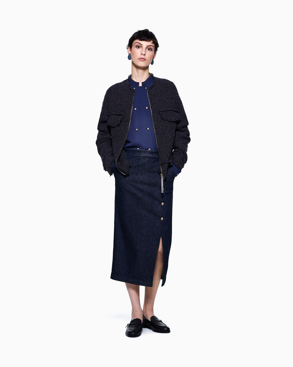 Denim Collection zip-up cardigan in wool, cotton and cashmere