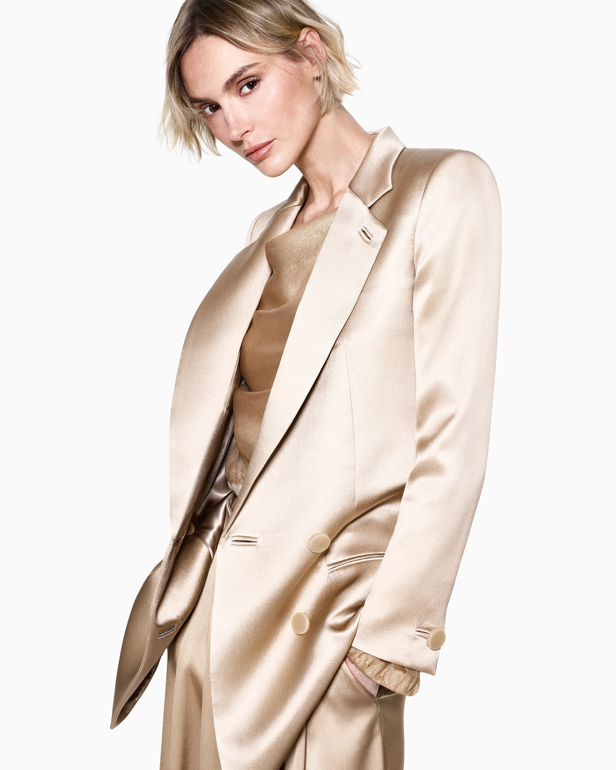 Double-breasted silk satin jacket