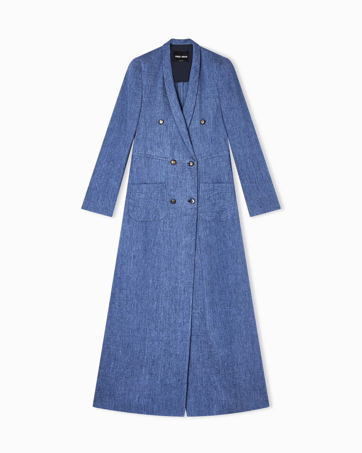 Long double-breasted coat in faded linen, viscose and silk crêpe.