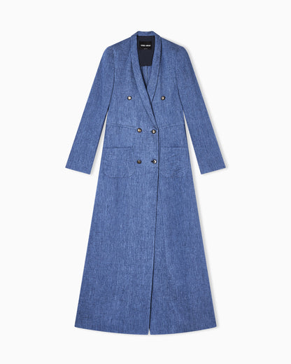Long double-breasted coat in faded linen, viscose and silk crêpe.