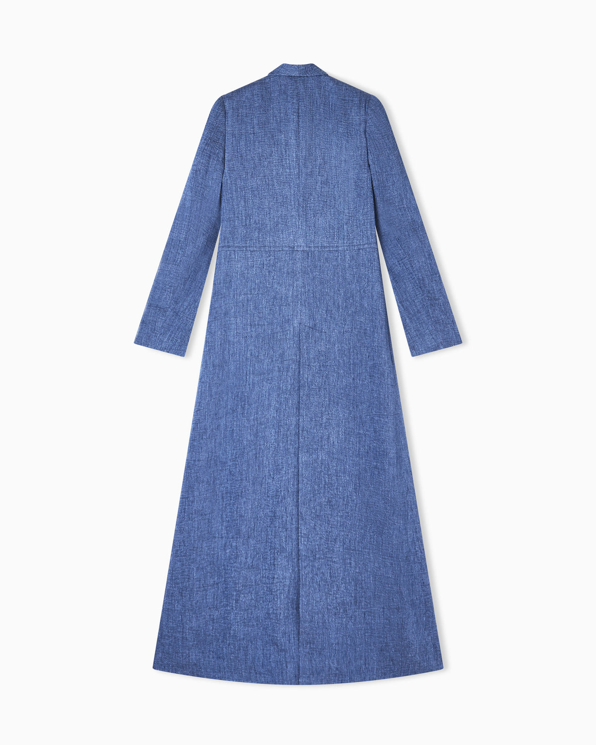 Long double-breasted coat in faded linen, viscose and silk crêpe.
