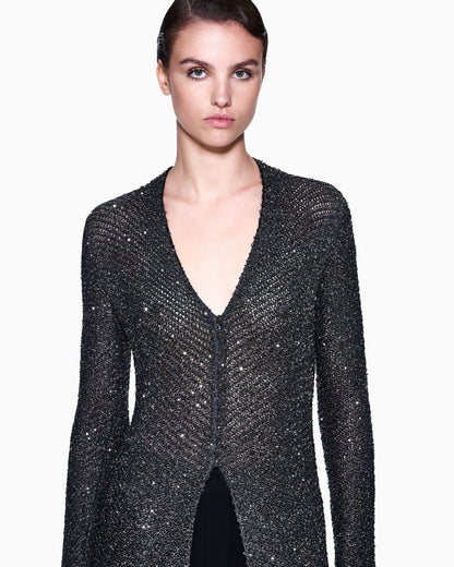 Long cardigan in a viscose and lurex knit with sequins