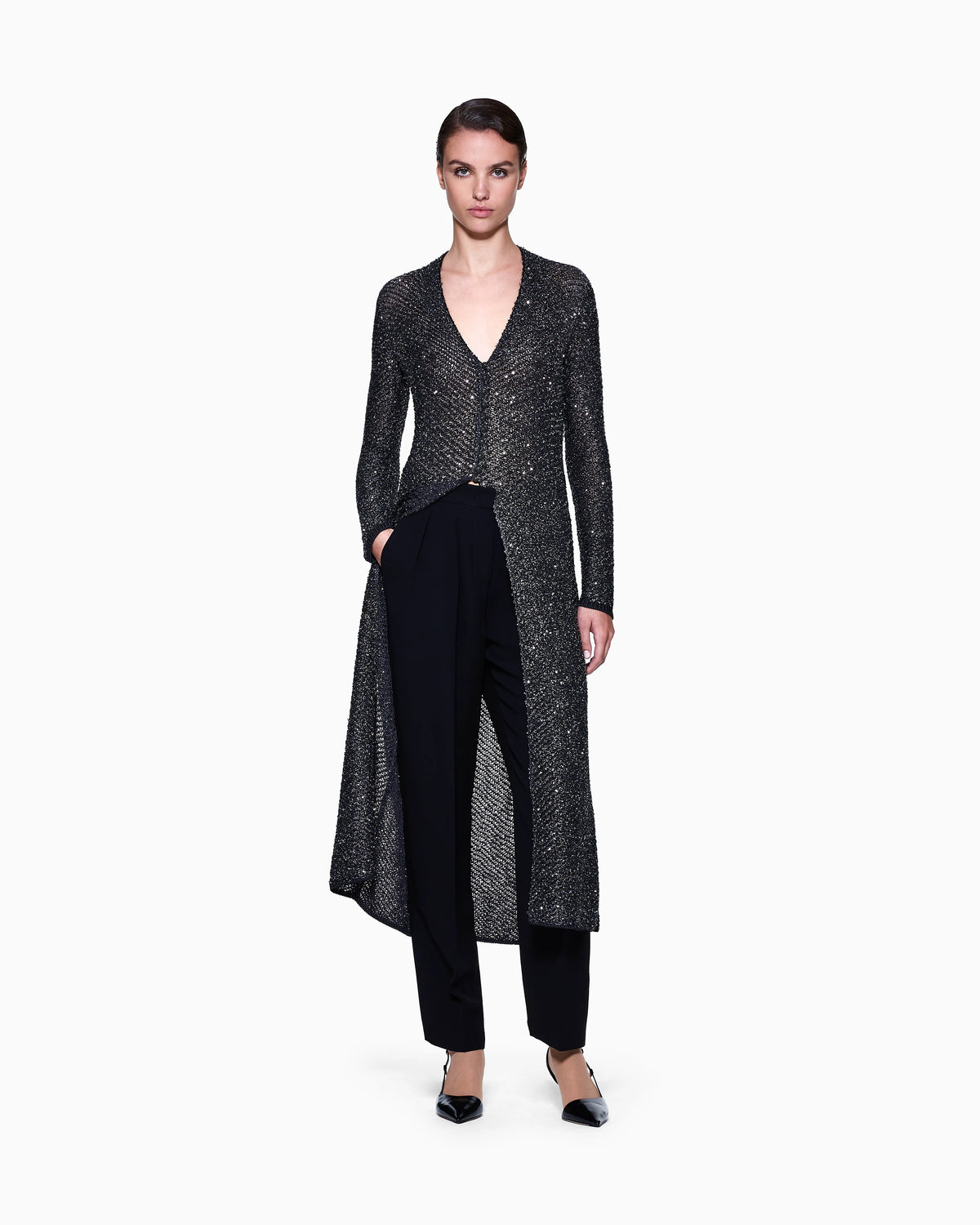 Long cardigan in a viscose and lurex knit with sequins