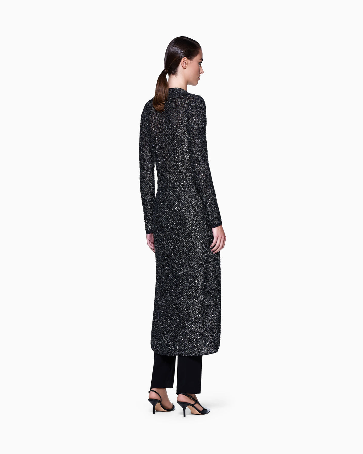 Long cardigan in a viscose and lurex knit with sequins