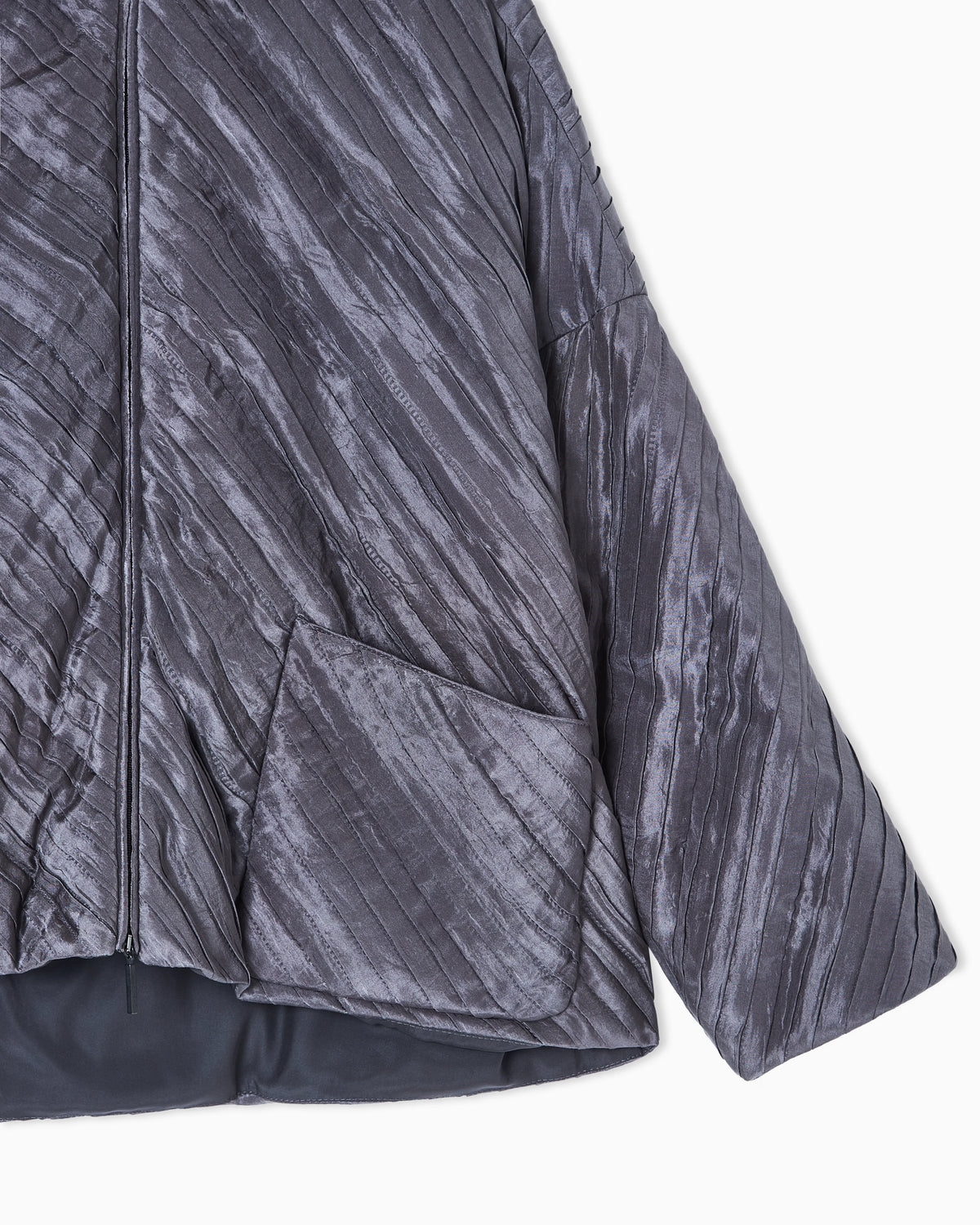 Diagonal pleated silk pea coat
