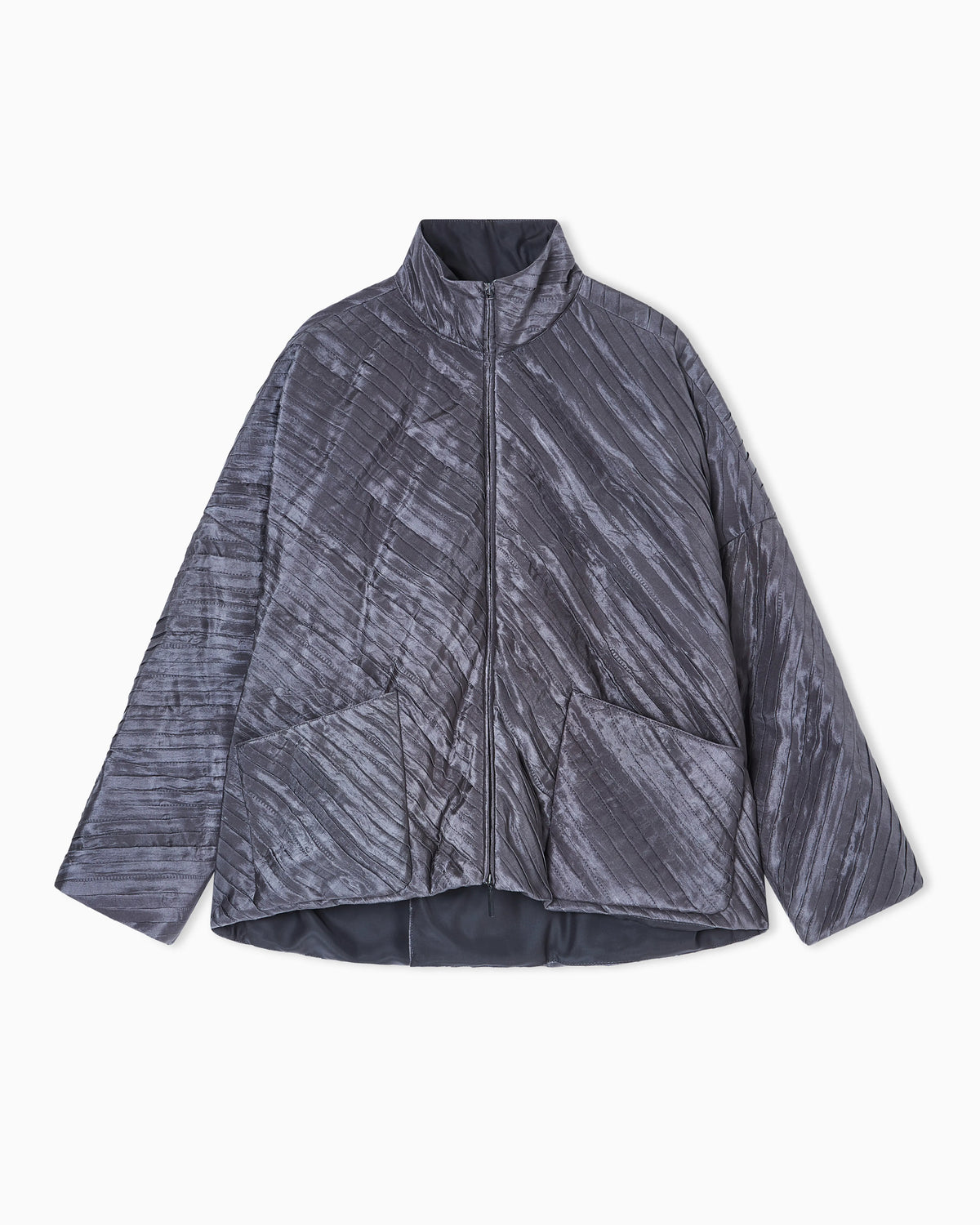 Diagonal pleated silk pea coat