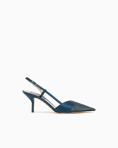 Court shoes with satin strap and mesh with rhinestones