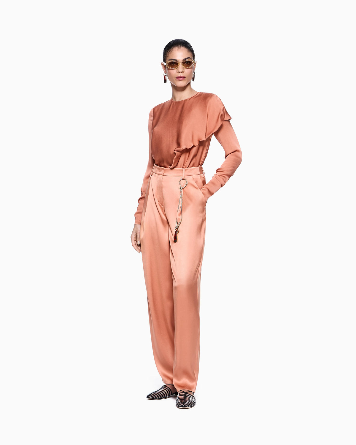 Silk double satin single-pleat trousers