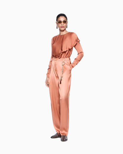 Silk double satin single-pleat trousers