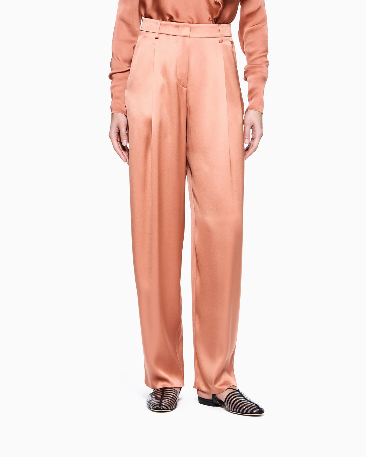 Silk double satin single-pleat trousers