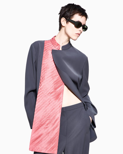 Long jacket in technical cady and pleated silk