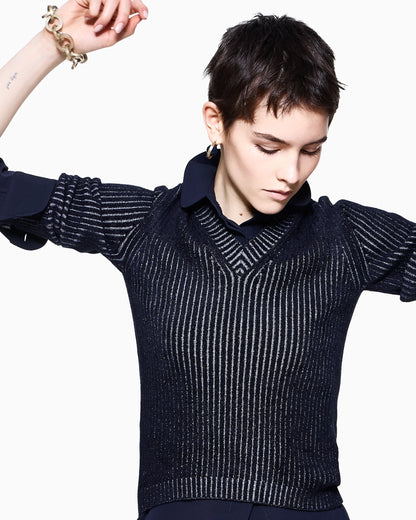 V-neck jumper in ribbed virgin wool and viscose Icon