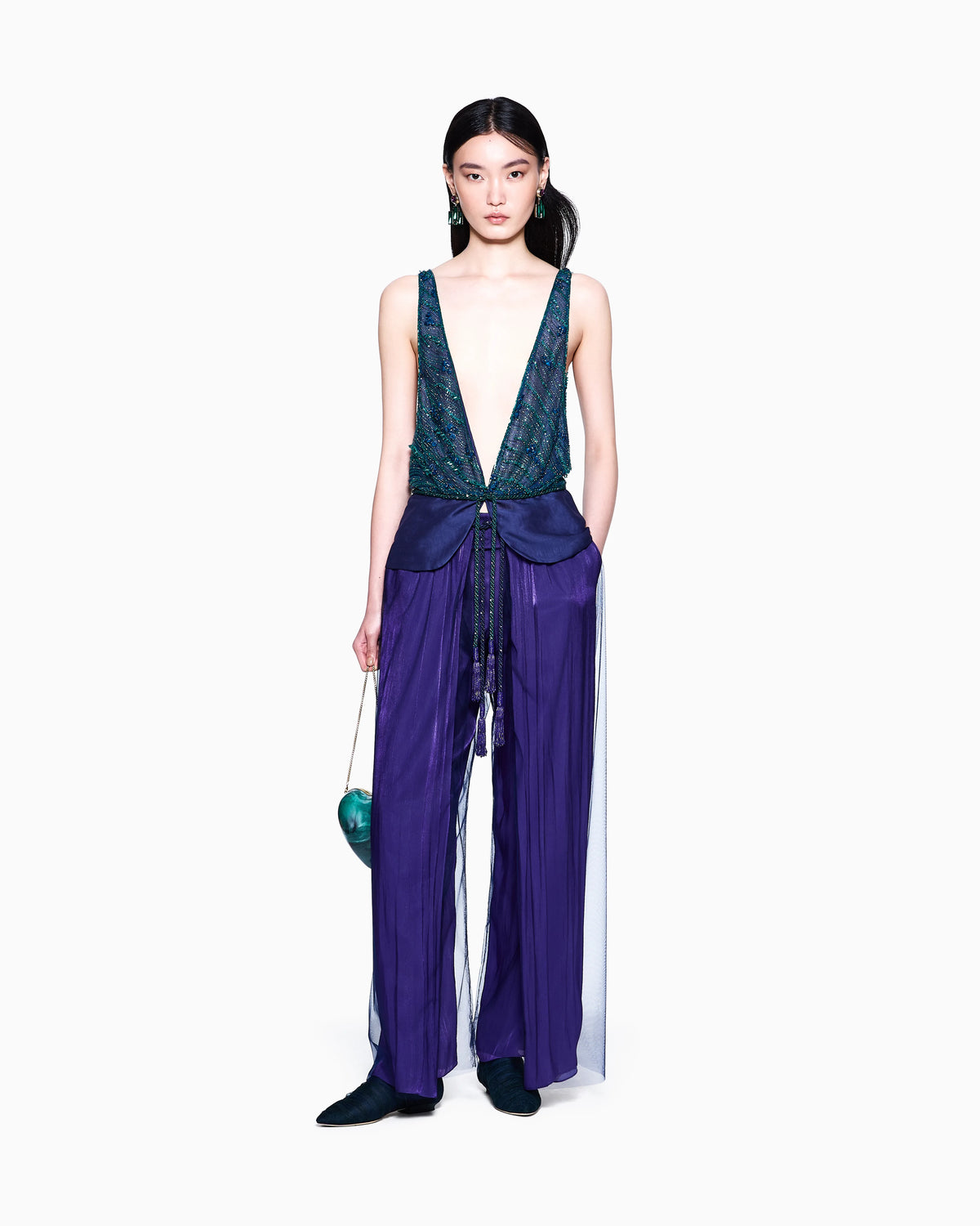 V-neck top in viscose and silk with embroidery