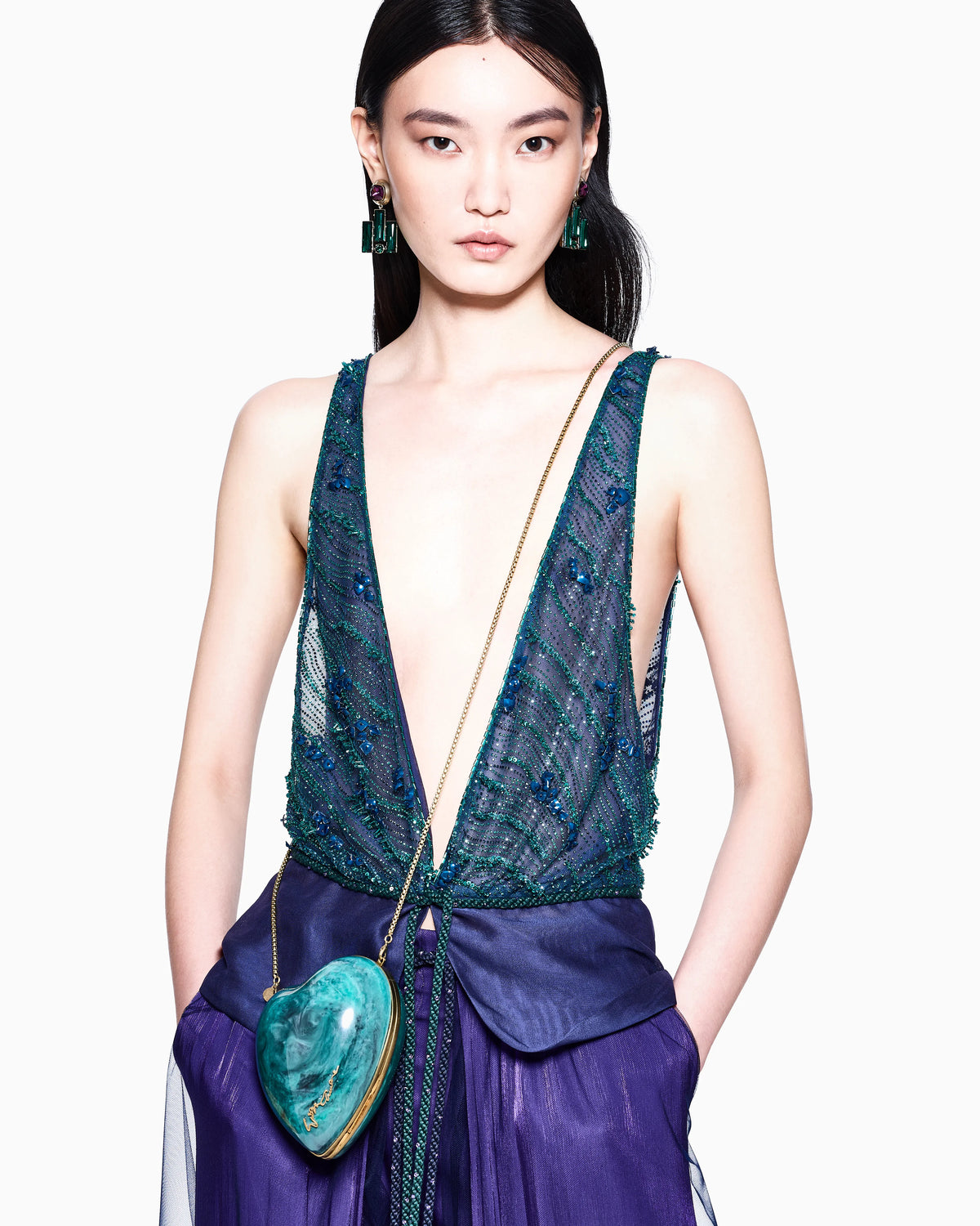V-neck top in viscose and silk with embroidery