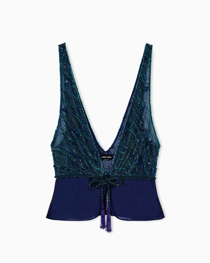 V-neck top in viscose and silk with embroidery