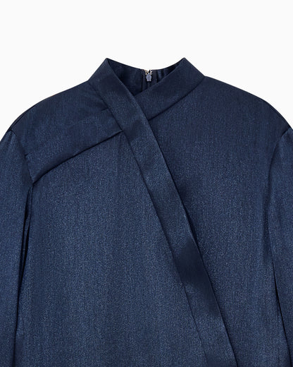 Silk lamé dress with high neck and asymmetric detail