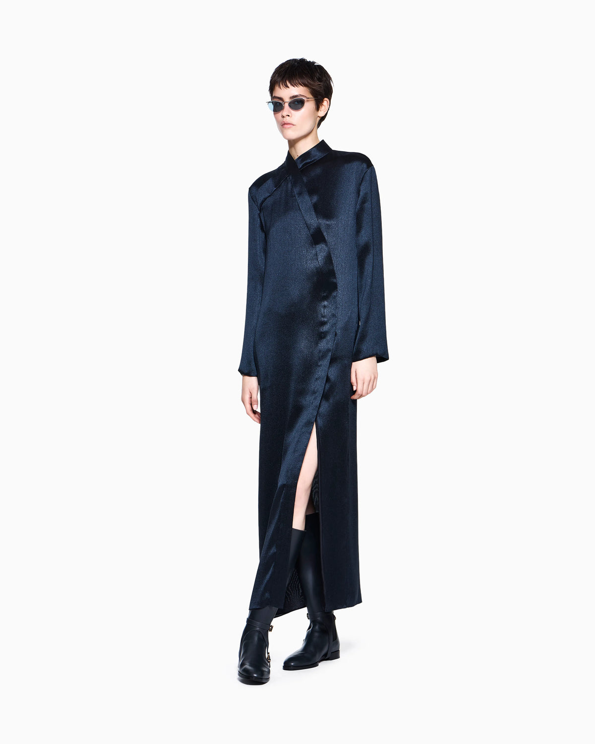 Silk lamé dress with high neck and asymmetric detail