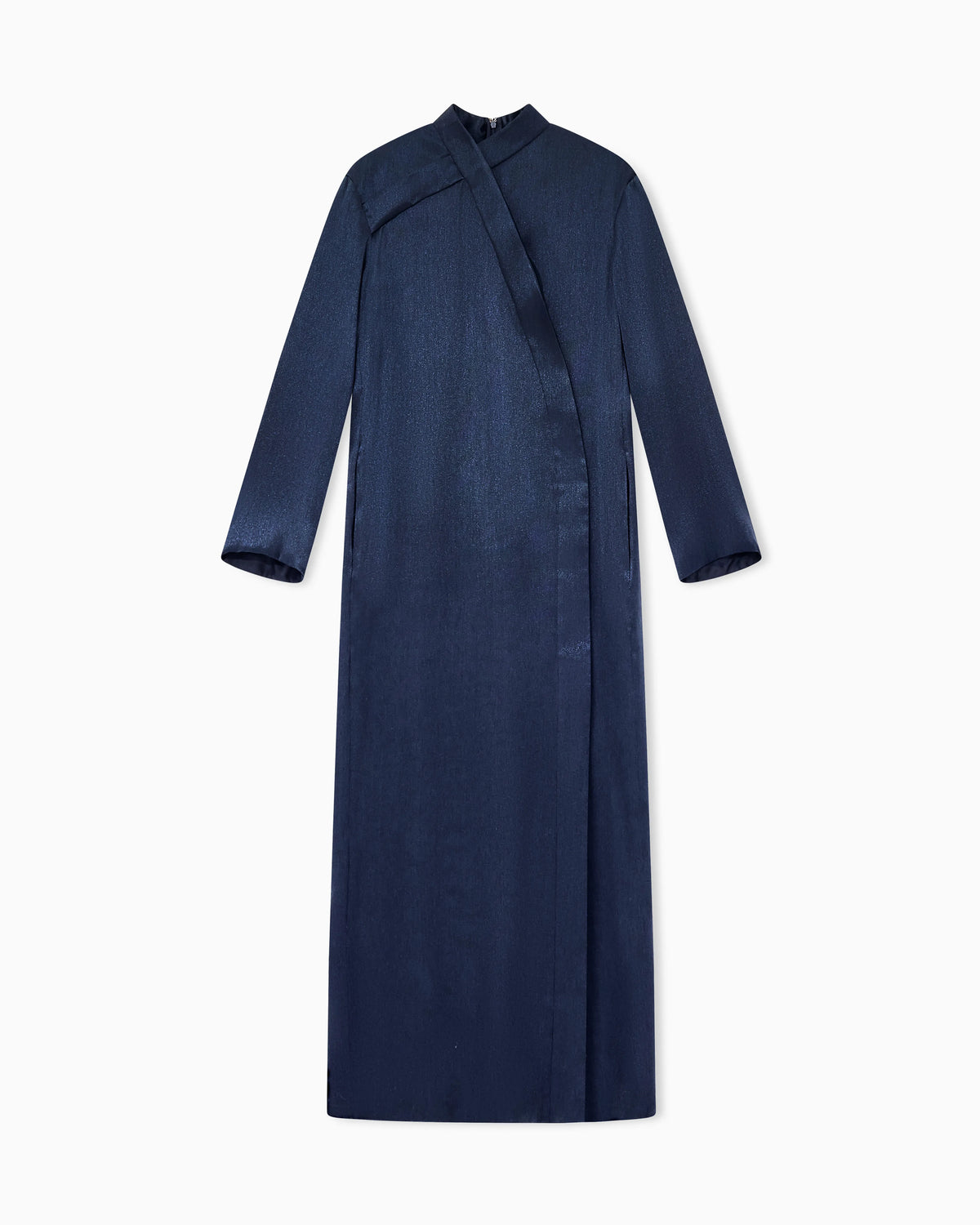 Silk lamé dress with high neck and asymmetric detail