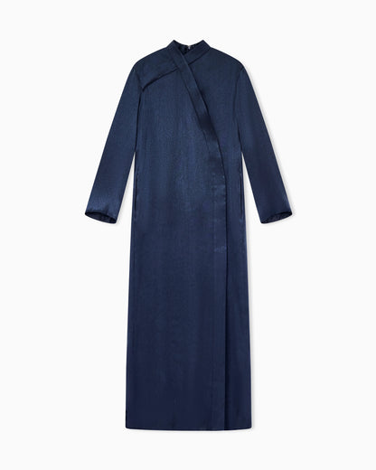 Silk lamé dress with high neck and asymmetric detail