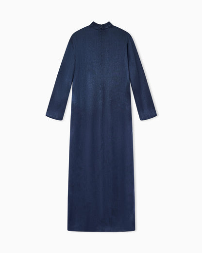 Silk lamé dress with high neck and asymmetric detail