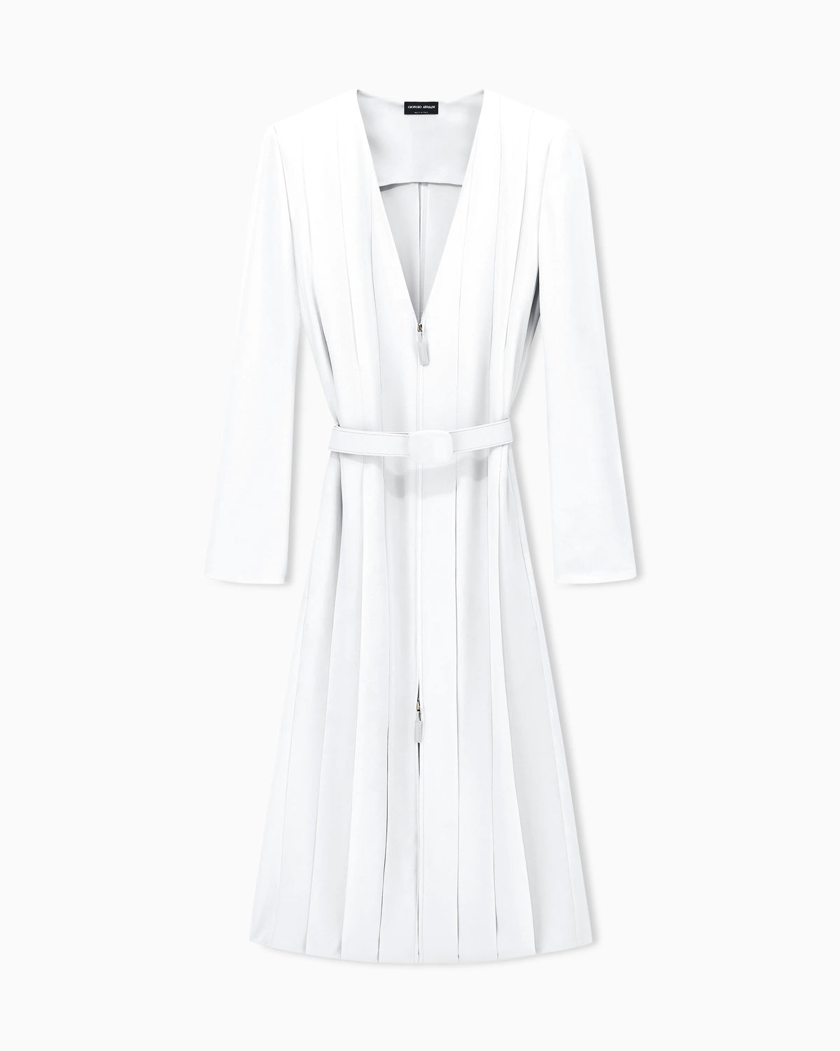 Dress in triple georgette silk with a belt and V-neck