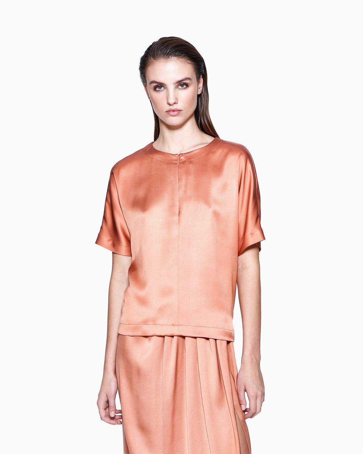 Short-sleeved shirt in double-faced silk satin