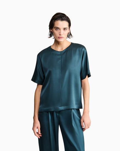Short-sleeved shirt in double-faced silk satin