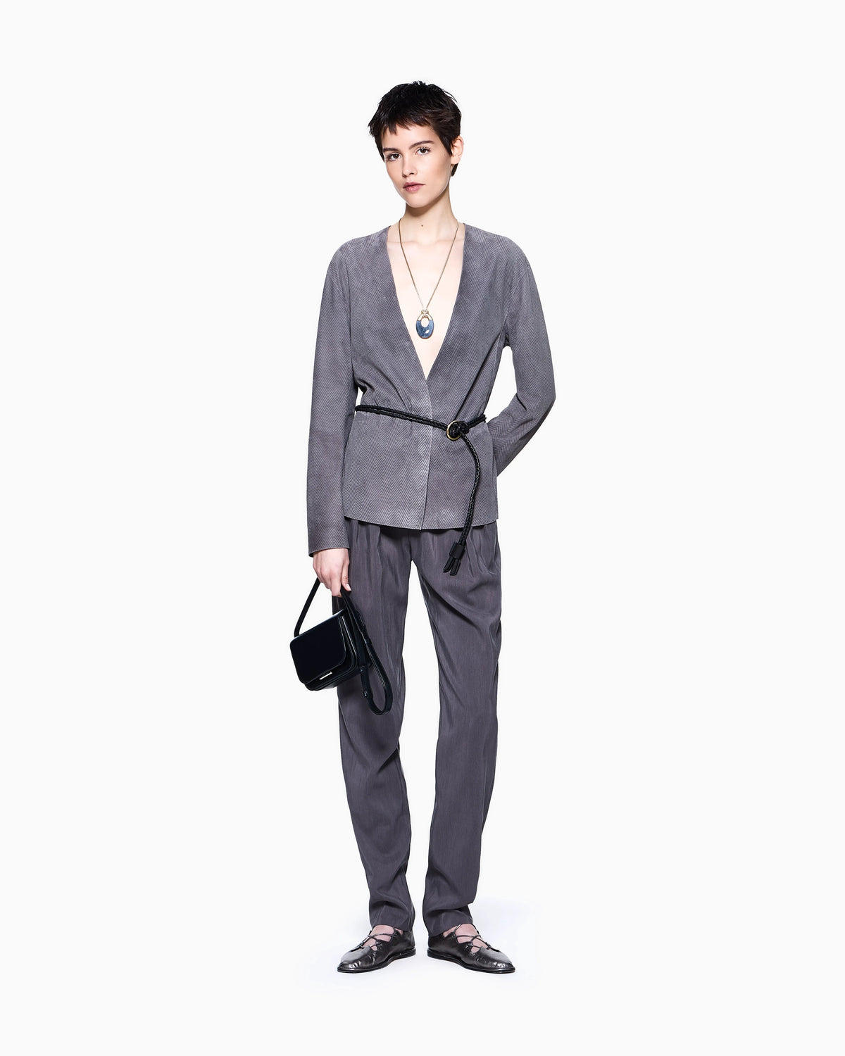 Suede-lambskin shirt jacket with chevron print