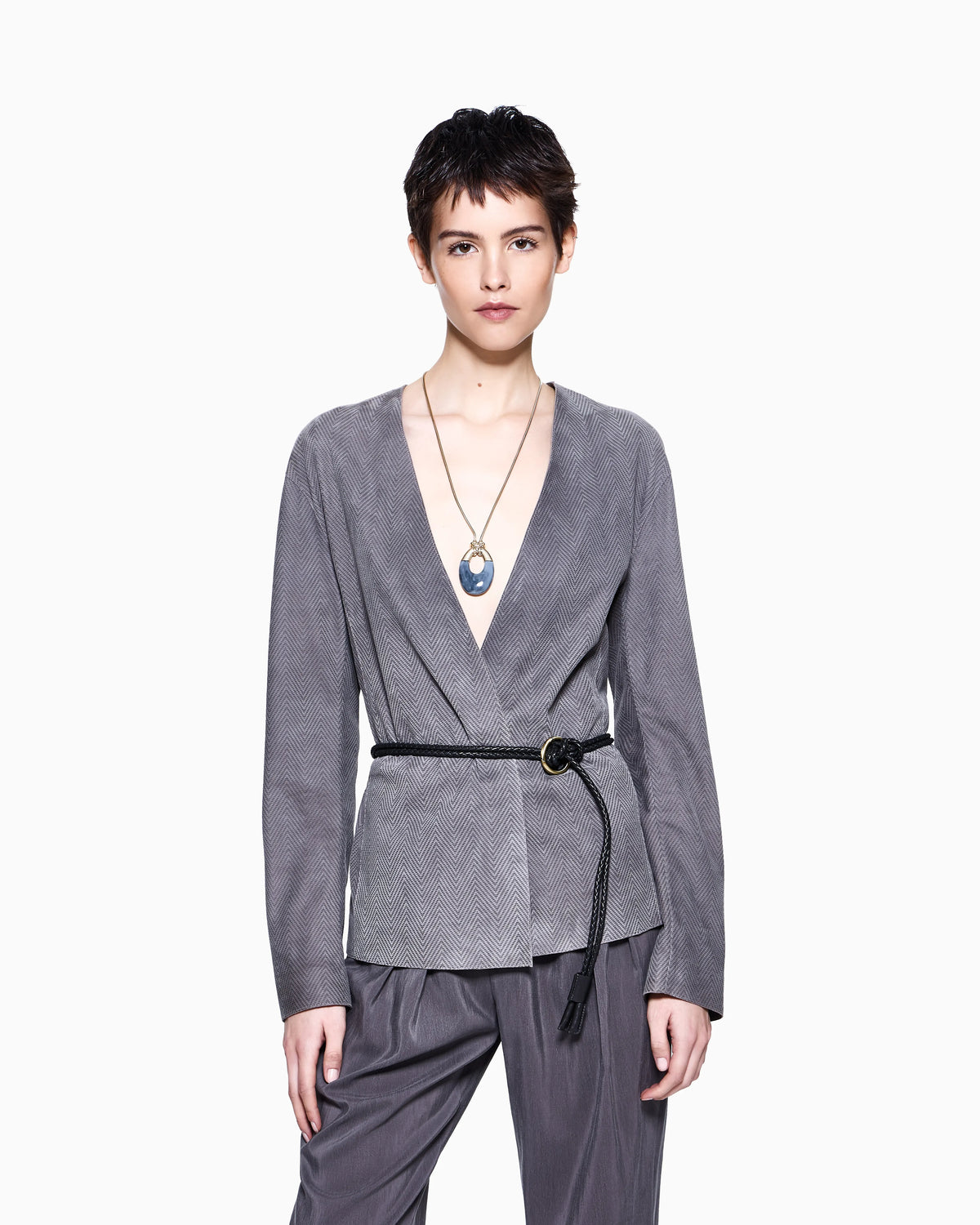 Suede-lambskin shirt jacket with chevron print