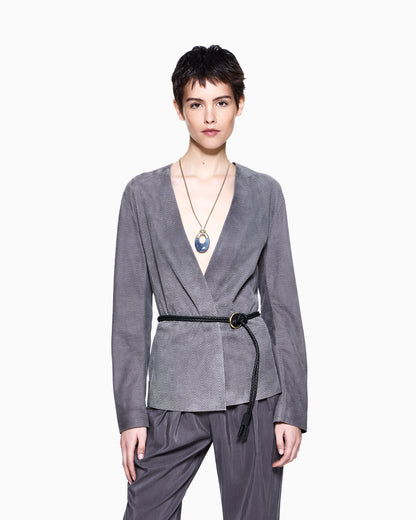 Suede-lambskin shirt jacket with chevron print