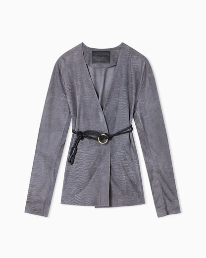 Suede-lambskin shirt jacket with chevron print