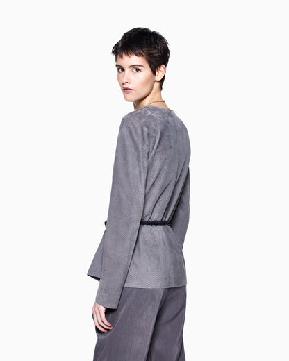 Suede-lambskin shirt jacket with chevron print