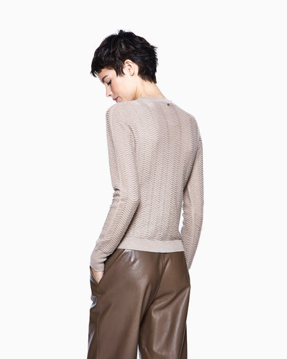 Crew-neck jumper in cashmere and silk chevron
