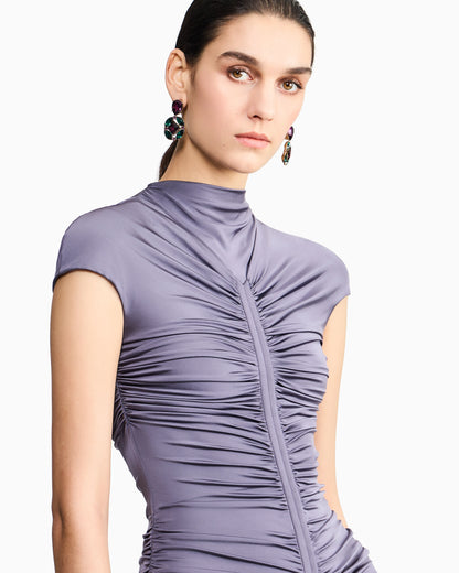 shiny viscose jersey long dress with gathered detail