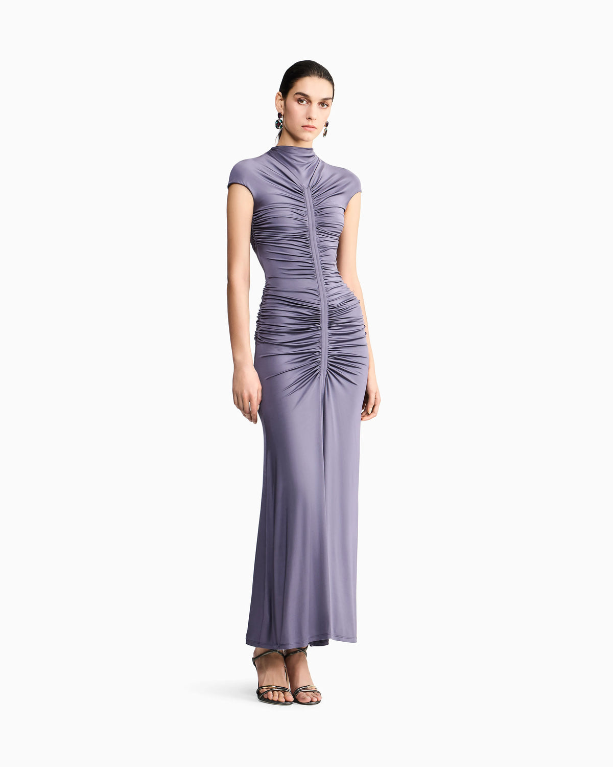 shiny viscose jersey long dress with gathered detail