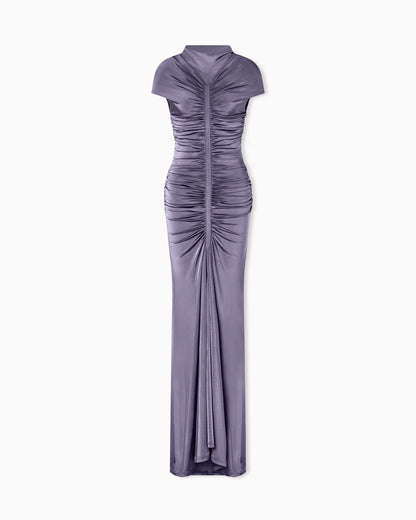 shiny viscose jersey long dress with gathered detail