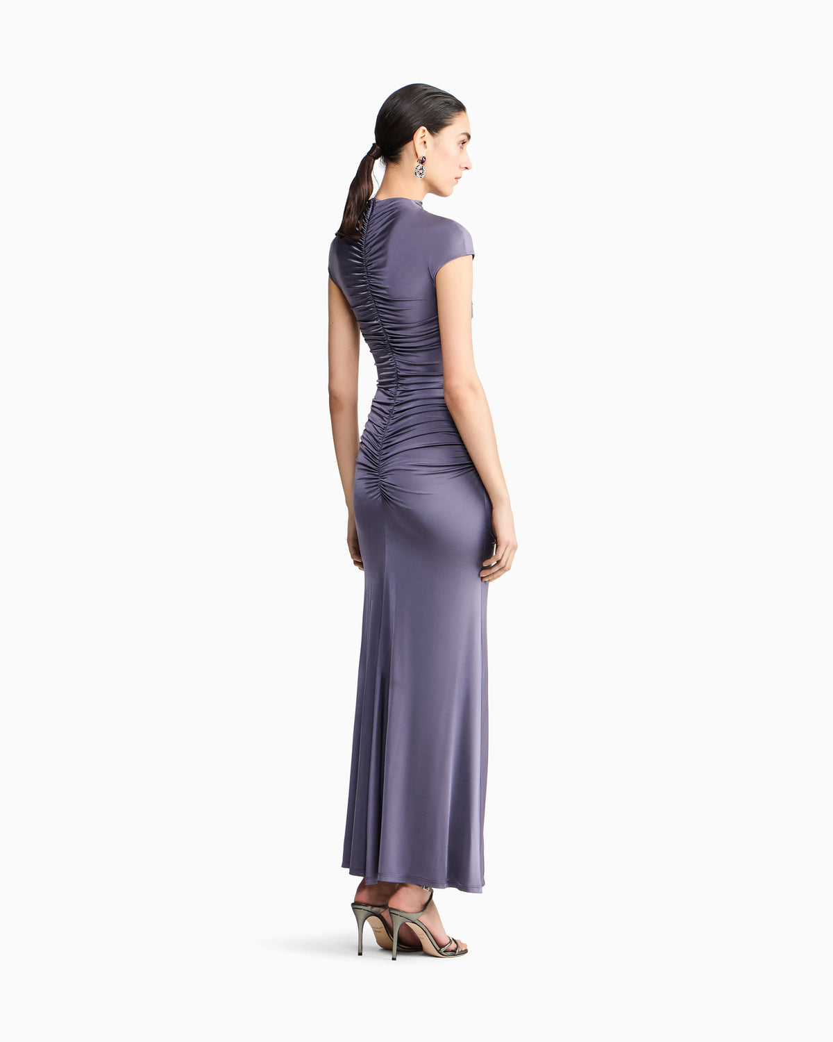shiny viscose jersey long dress with gathered detail