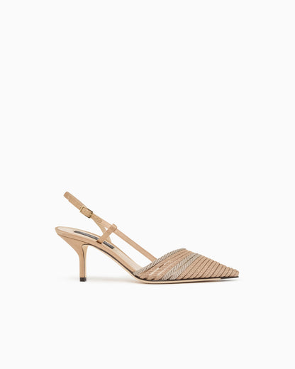 Satin slingbacks with passementerie trim detail