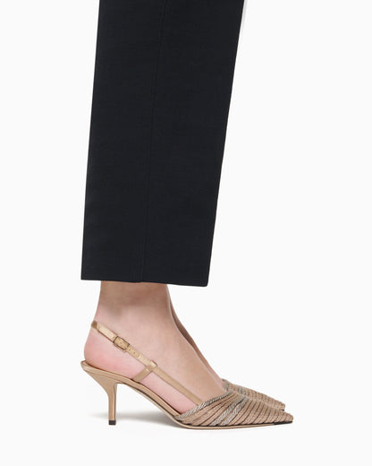Satin slingbacks with passementerie trim detail