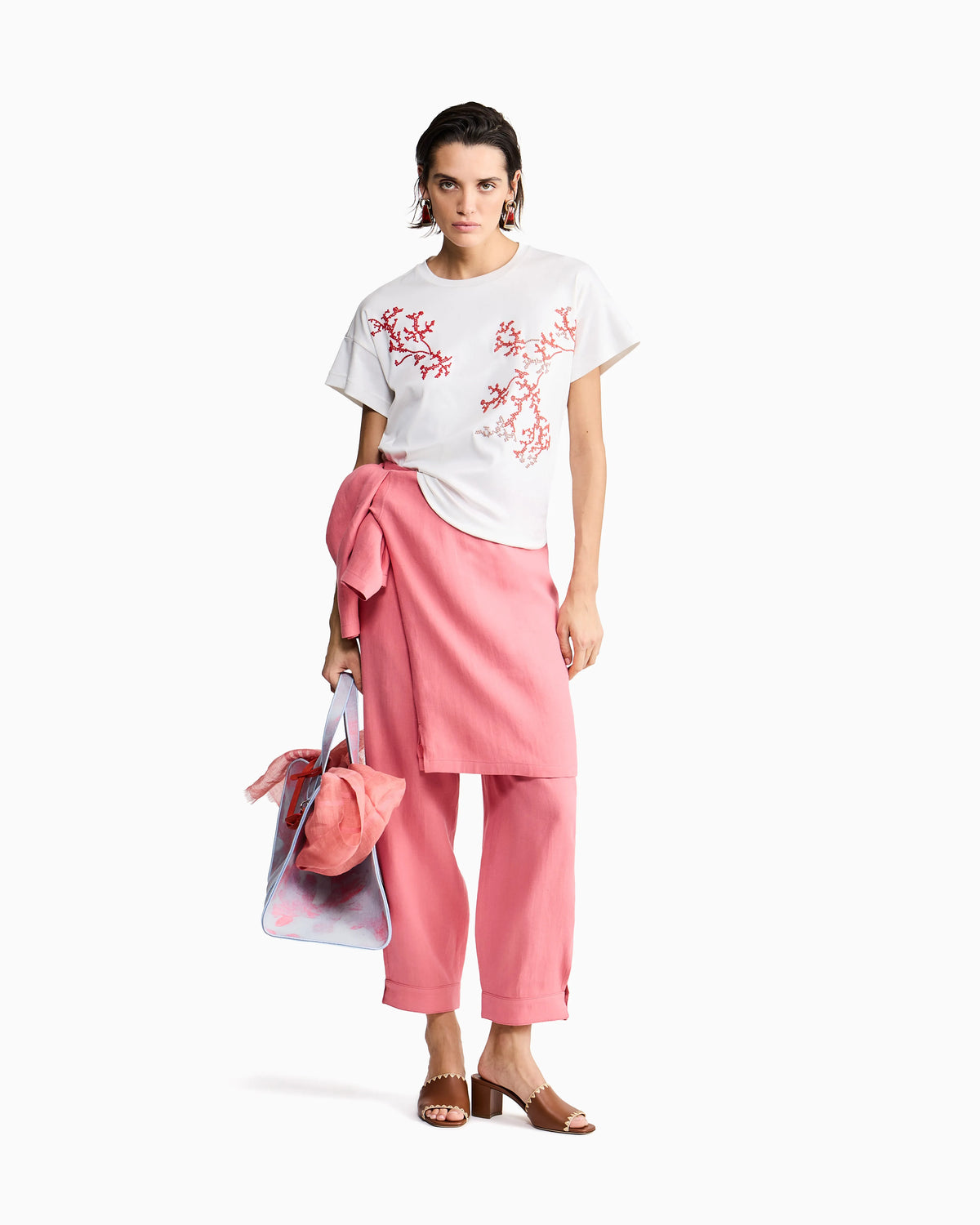 Silk and cotton interlock T-shirt with coral embroidery