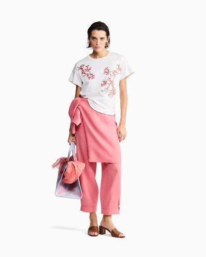Silk and cotton interlock T-shirt with coral embroidery