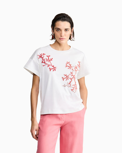 Silk and cotton interlock T-shirt with coral embroidery