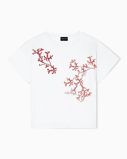 Silk and cotton interlock T-shirt with coral embroidery