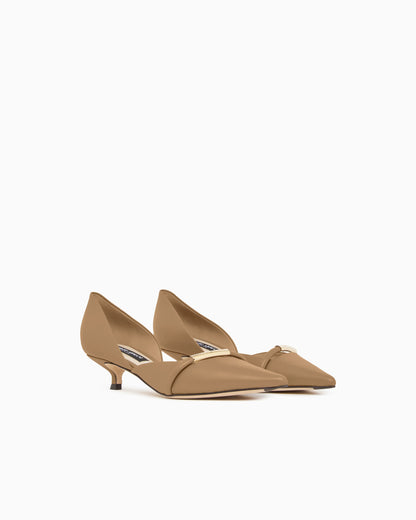 Pointed Toe Leather Pumps with Strap and Low Heel