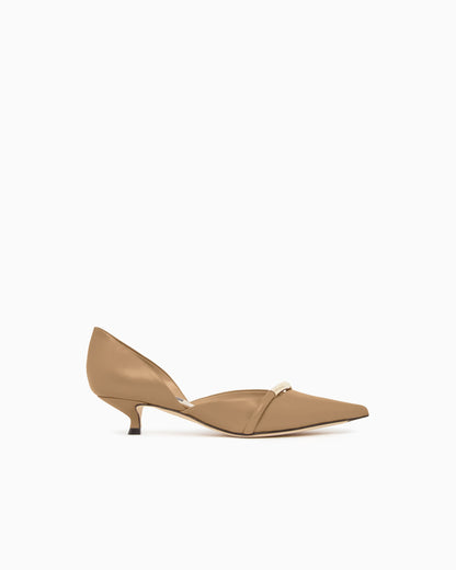 Pointed Toe Leather Pumps with Strap and Low Heel
